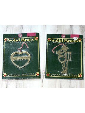 VTG Lot 2 Solid Brass CHRISTMAS Tree ORNAMENTS 3.5" Heart & 5.25" Santa NIP NEW